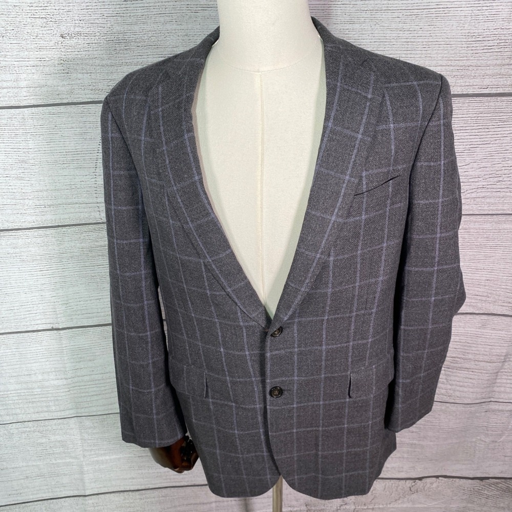Faconnable Blazer Mens 44L Navy Blue Wool Cotton Windowpane Check‎ Sport Coat